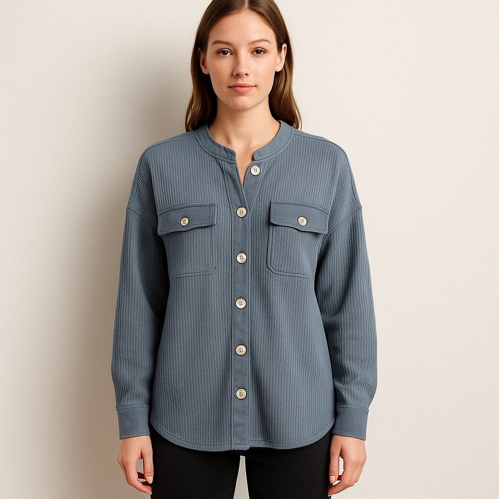 Blue Button-Up Waffle Knit Shirt